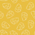 Vector seamless pattern with white outlines of triangular pieces of cheese.