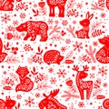 Vector seamless pattern. White ornate red silhouettes of forest animals deer, bear, elk, fox, hare, squirrel, hedgehog Royalty Free Stock Photo