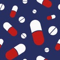 Vector seamless pattern with white pills, tablets, red and white capsules, isolated on dark blue background Royalty Free Stock Photo