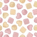 Vector seamless pattern of white and pink chocolate candies of various shapes