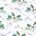 Vector seamless pattern of white plumeria flowers and beautiful precious pearl beads. kground Royalty Free Stock Photo