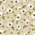 Seamless pattern with white poppies on a sacking background. Vector illustration.