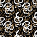 Vector seamless pattern with white snake silhouettes with tribal decorations and gold stems on a black background