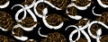 Vector seamless pattern with white snake silhouettes with tribal decorations and peonies on a black background. Mystical