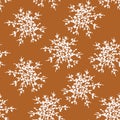 Vector seamless pattern, white snowflakes or bunch of small flowers, blossom, on brown or cupper background. Royalty Free Stock Photo