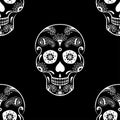 Vector seamless pattern of white sugar skull with floral ethnic ornament on black background Royalty Free Stock Photo