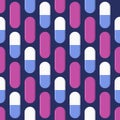 Vector seamless pattern with white and violet, pink pills, tablets, isolated on dark blue background Royalty Free Stock Photo