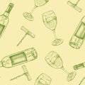 Vector seamless pattern of white wine. Hand drawn illustration. Wine bottle, glass and corkscrew Royalty Free Stock Photo