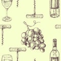 Vector seamless pattern of white wine. Hand drawn illustration. Wine bottle, glass, corkscrew and grape Royalty Free Stock Photo