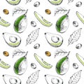 Vector seamless pattern with whole avocado, sliced pieces.