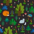 Vector seamless pattern with wild animals in forest. Hand drawn texture with cute fox, rabbit and hedgehog. Trees and other