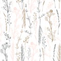 Vector seamless pattern with wild flowers, herbs and grasses.Thin delicate lines silhouettes of different plants