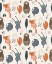 Vector seamless pattern with wild forest animals fliyng on balloons.