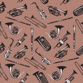 Vector seamless pattern with wind musical instruments. Royalty Free Stock Photo