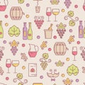 Vector seamless pattern with wine bottle, glass, grape vine, lea Royalty Free Stock Photo