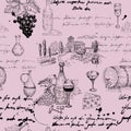 Vector Seamless pattern Wine grape branche, bottles, glasses, unreadable text, wooden barrel, chees, corkscrew. Doodle Royalty Free Stock Photo