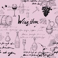 Vector Seamless pattern Wine grape branche, bottles, glasses, unreadable text, wooden barrel, chees, corkscrew. Doodle Royalty Free Stock Photo