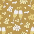 Vector seamless pattern with wineglasses and grapes on gold background. Royalty Free Stock Photo