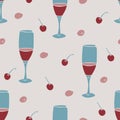 Vector seamless pattern with wineglasses and ripe cherry fruits.