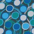 Vector seamless pattern winter 2023 colors with organic shapes, dots in blue and green tones with flower leaves. Perfect