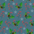 Vector seamless pattern with winter floral composition on the blue background. Greenery, red berry,pine cone,christmas candy and s Royalty Free Stock Photo