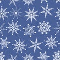 Vector seamless pattern. Winter wonderland delicate white snowflake crystal on blue background..