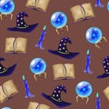 Vector seamless pattern with witch hat, crystal ball for fortune telling, blue candle, spell book