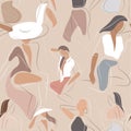 Vector seamless pattern with woman in minimal linear style Fashion illustration by femininity, beauty and modern art