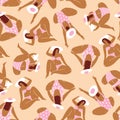 Vector seamless pattern with women in bikinis and panama hats. They read books, sunbathe and relax on the beach.