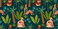 Vector seamless pattern with women in swimsuit and tropical plants. Summer holliday, vacation, travel.