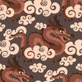 Vector seamless pattern with wooden Chinese dragons in the clouds. Hand-drawn. Abstract art print. Wallpaper, fabric Royalty Free Stock Photo