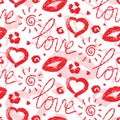 Vector seamless pattern. Written red lipstick printing. Repeating lettering, heart, lips prints. Repeated background. Beauty backd Royalty Free Stock Photo