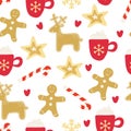Vector Seamless Pattern With Xmas Gingerbread, Mug Of Cappuccino, Candy Cane