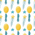 Vector seamless pattern with yellow balloons  green stars and magic wands with star Royalty Free Stock Photo