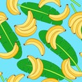 Vector seamless pattern with yellow bananas and green leaves Royalty Free Stock Photo