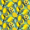 Vector seamless pattern with yellow lemons, branches, absdtact textures