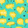 Vector seamless pattern with yellow speech clouds and black hearts and stars on the blue,green, turquoise background.