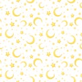 Vector seamless pattern with yellow stars and crescents on white. Royalty Free Stock Photo