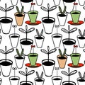 Vector seamless pattern. Young shoots in flower pots. Doodle style, hand-drawn, forcing plants, seedlings in pots. Black outline