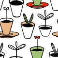 Vector seamless pattern. Young shoots in flower pots. Doodle style, hand-drawn, forcing plants, seedlings in pots. Black outline