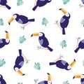 Vector seamless patterns with cute toucans and leaves