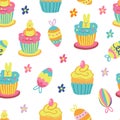 Vector seamless patterns with easter cupcakes and eggs.