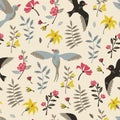 Vector Seamless Patterns of Flowers and Birds in Hand Drawn Doodle Style. Royalty Free Stock Photo
