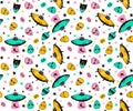Vector seamless patterns with funny ufo. Colorful space seamless background for child fabric design.