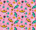 Vector seamless patterns with funny ufo. Colorful space seamless background for child.