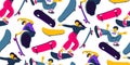 A pattern with a girl and guys on skateboards. Teenage figure skaters ride a skateboard. A hand-drawn vector