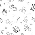 Vector seamless patterns with girls stuff. Fashion illustration with women`s clothing, jewelry, cosmetics, gifts and romance.