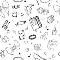 Vector seamless patterns with girls stuff. Fashion illustration with women`s clothing, jewelry, cosmetics, gifts and romance. Royalty Free Stock Photo