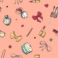 Vector seamless patterns with girls stuff. Fashion illustration with women`s clothing, jewelry, cosmetics, gifts and romance.