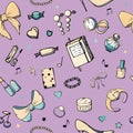 Vector seamless patterns with girls stuff. Fashion illustration with women`s clothing, jewelry, cosmetics, gifts and romance.